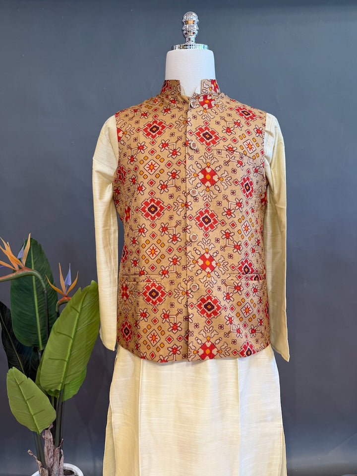Beige Handloom Cotton Patola Vest