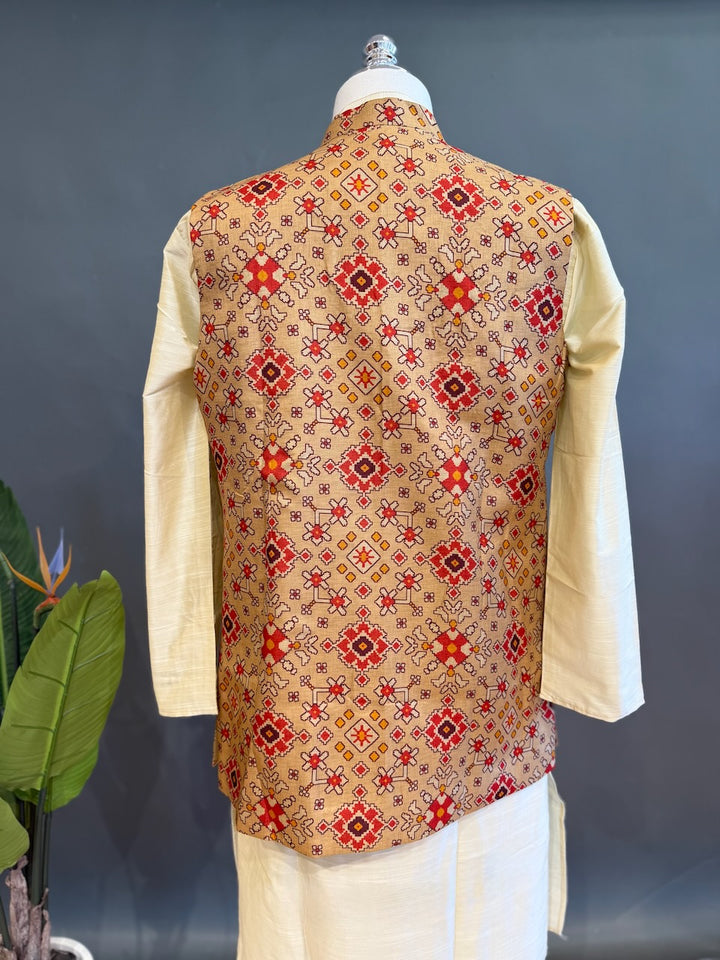 Beige Handloom Long Length Cotton Patola Vest