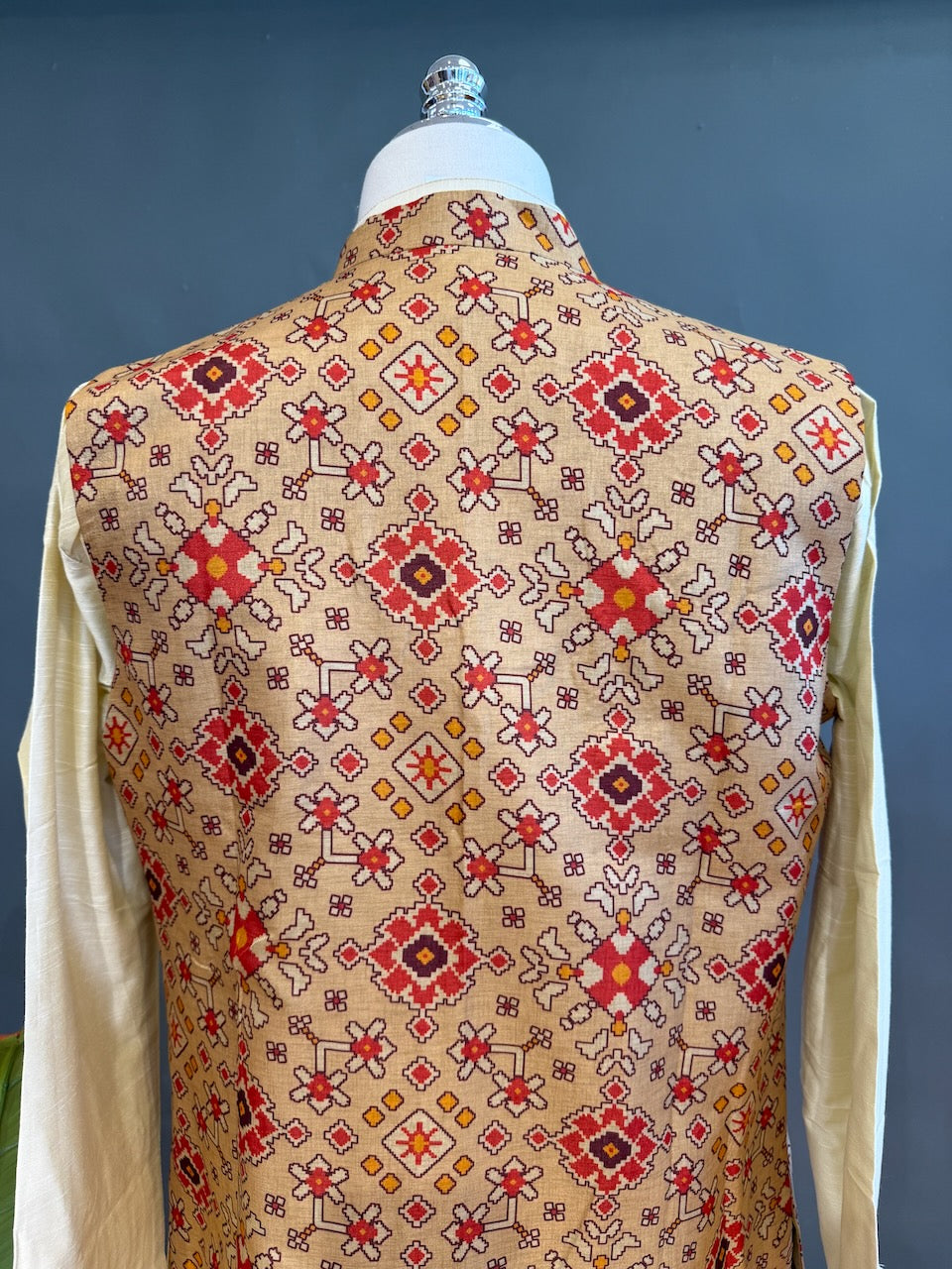 Beige Handloom Long Length Cotton Patola Vest