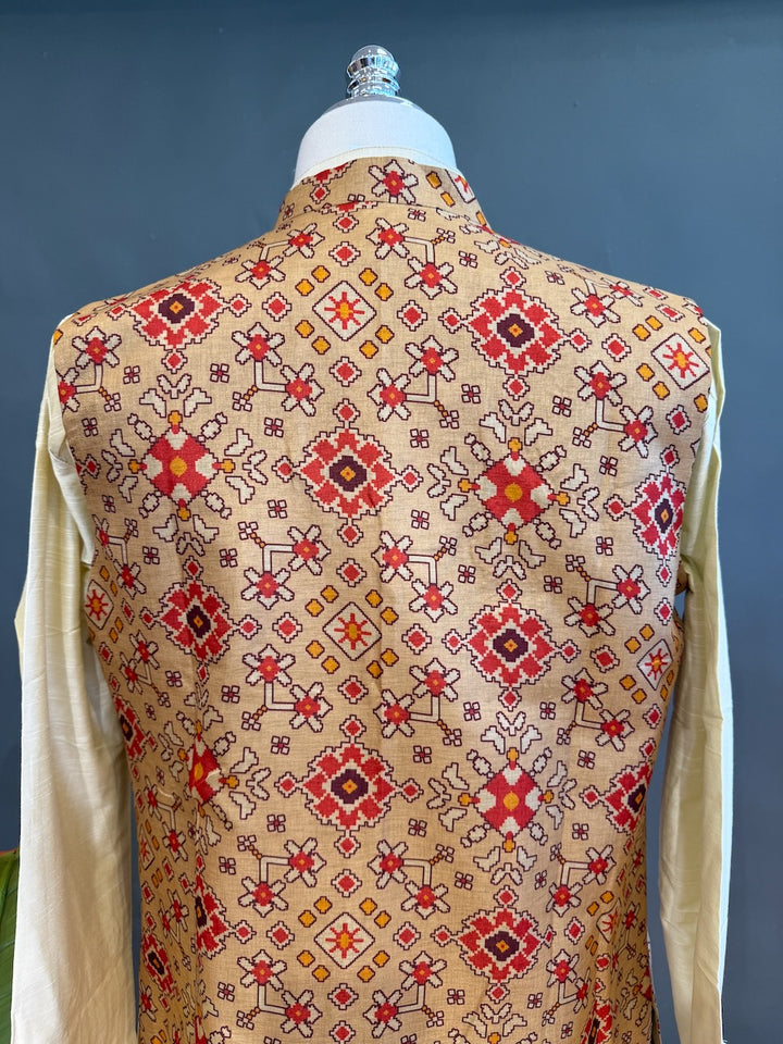 Beige Handloom Long Length Cotton Patola Vest