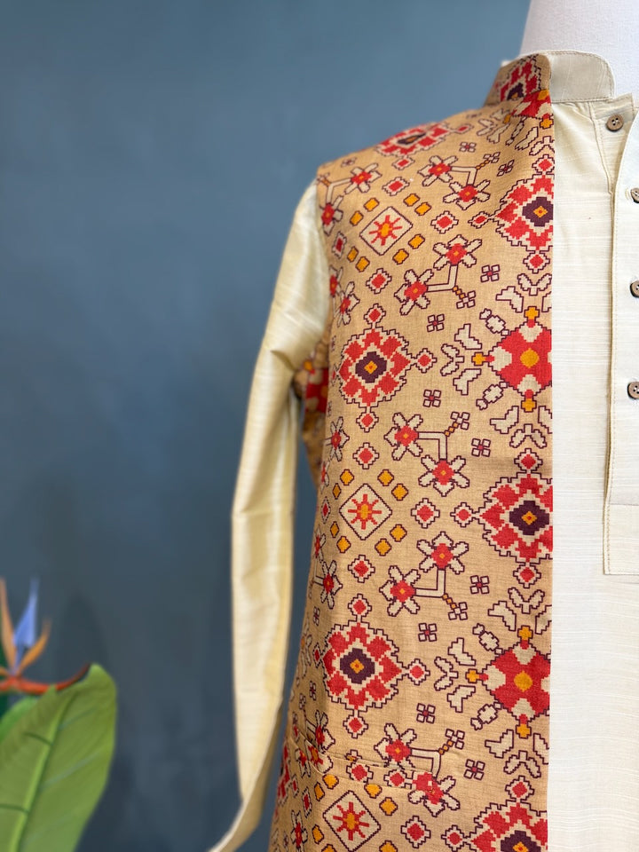 Beige Handloom Long Length Cotton Patola Vest