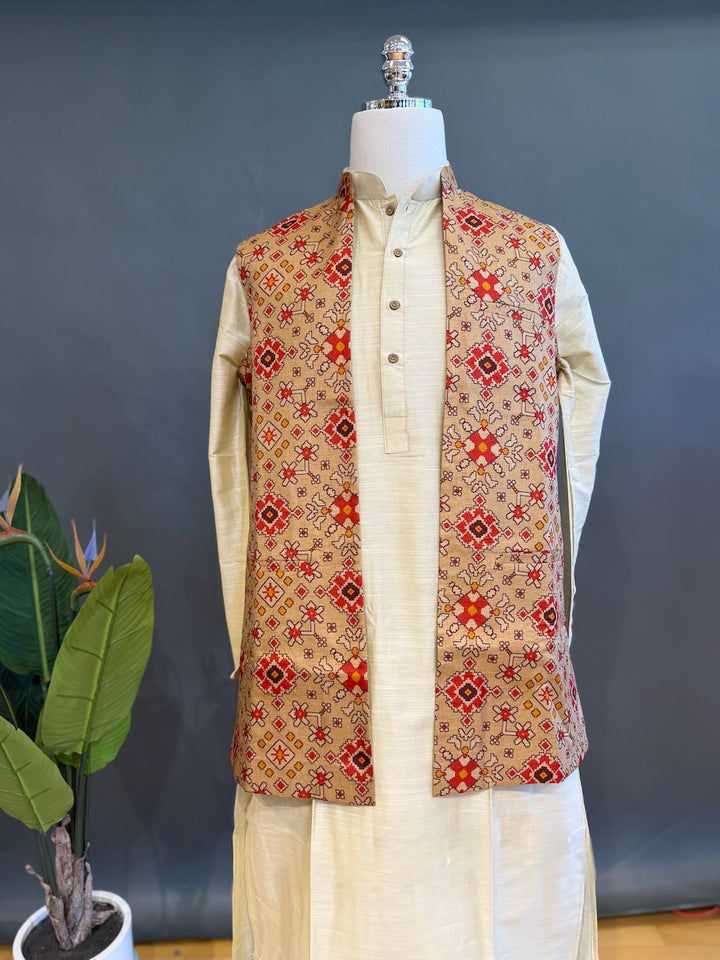 Beige Handloom Long Length Cotton Patola Vest