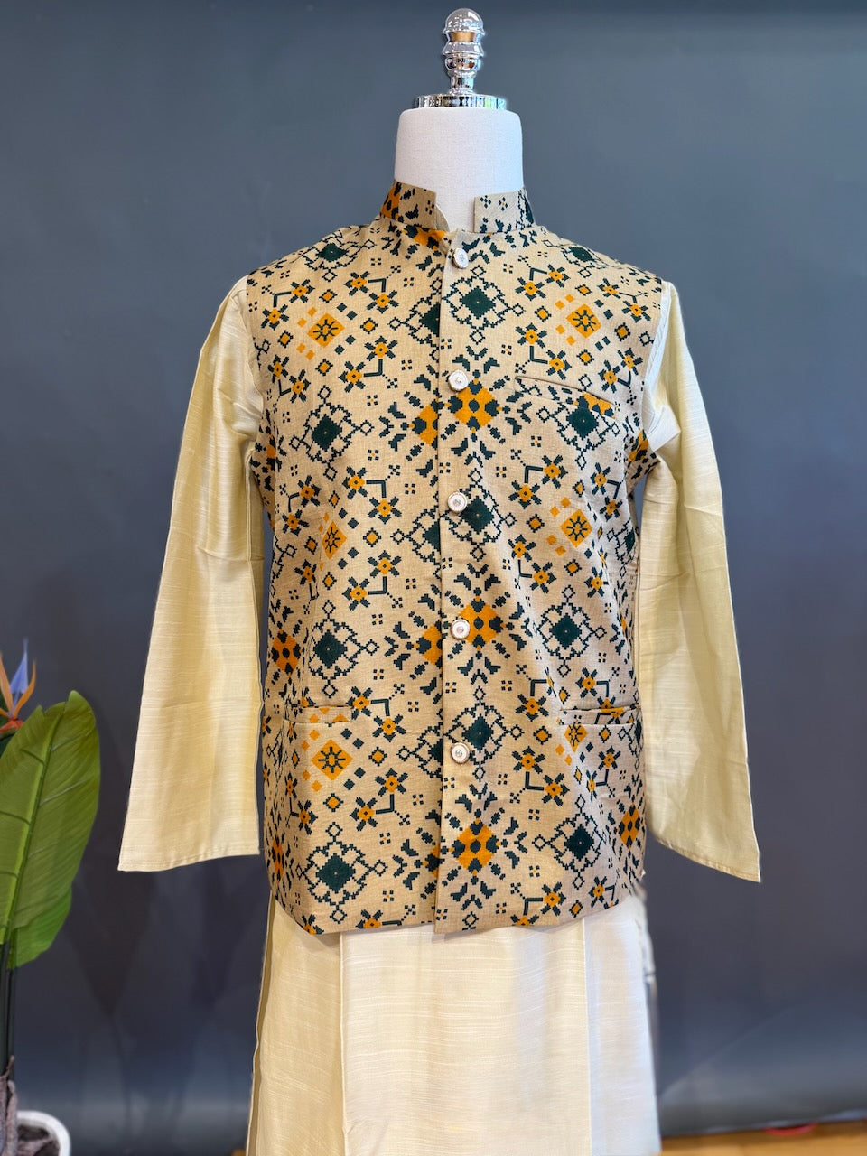 Beige and green Handloom Cotton Patola Vest