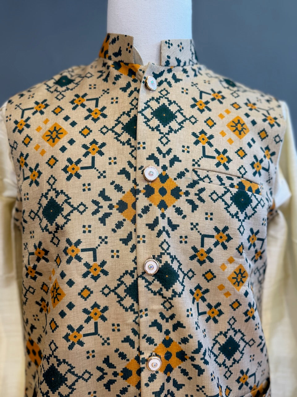 Beige and green Handloom Cotton Patola Vest