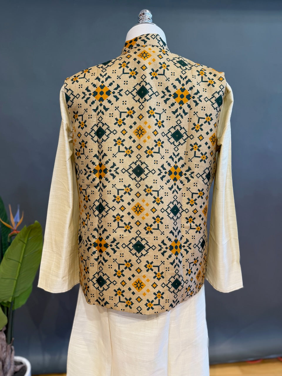 Beige and green Handloom Cotton Patola Vest