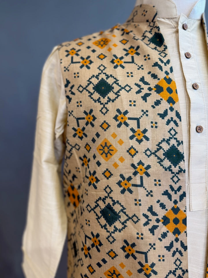 Beige and Green Handloom Long Length Cotton Patola Vest