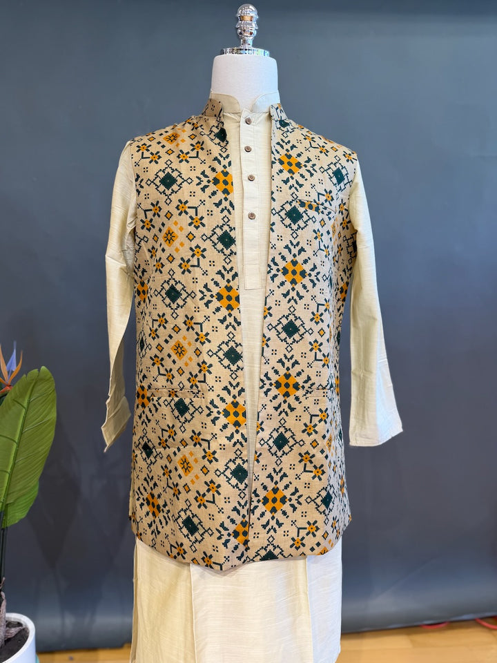 Beige and Green Handloom Long Length Cotton Patola Vest