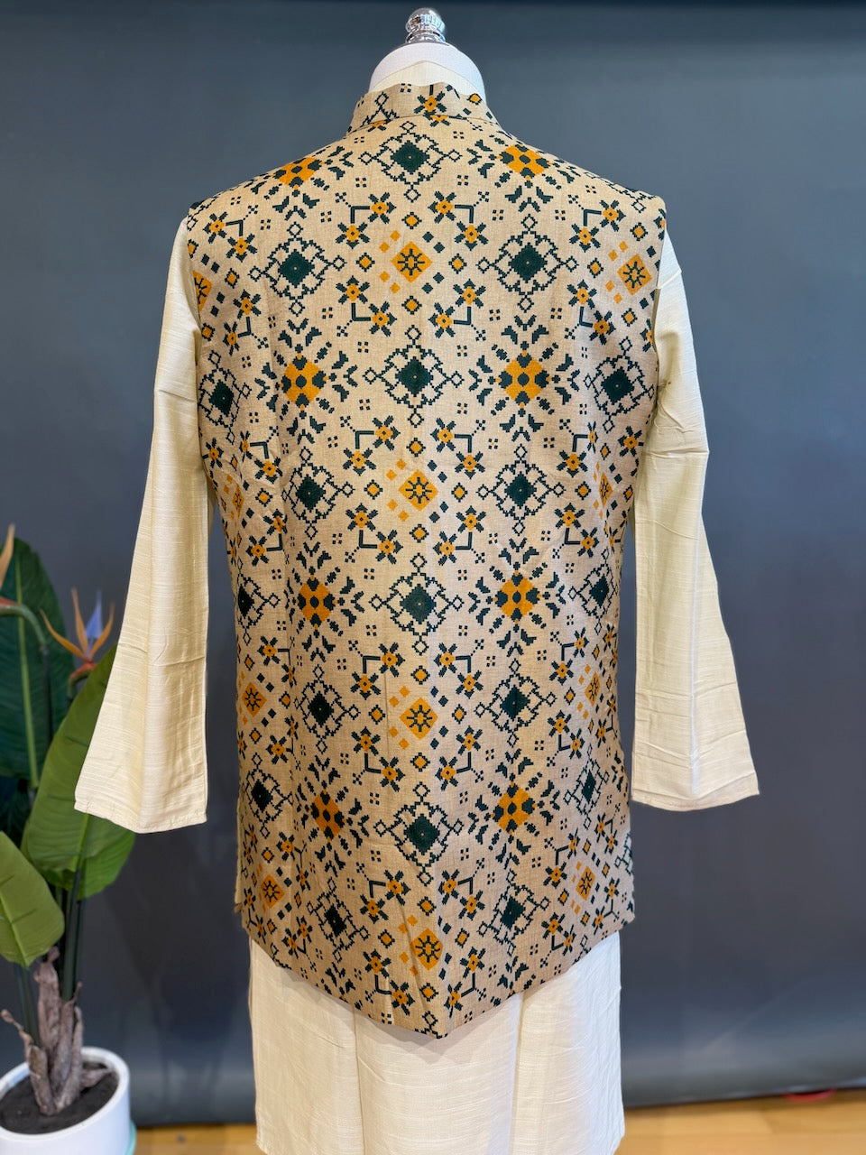 Beige and Green Handloom Long Length Cotton Patola Vest