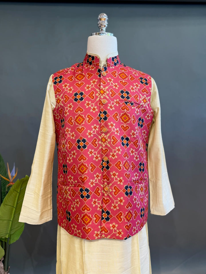 Pink Handloom Cotton Patola Vest