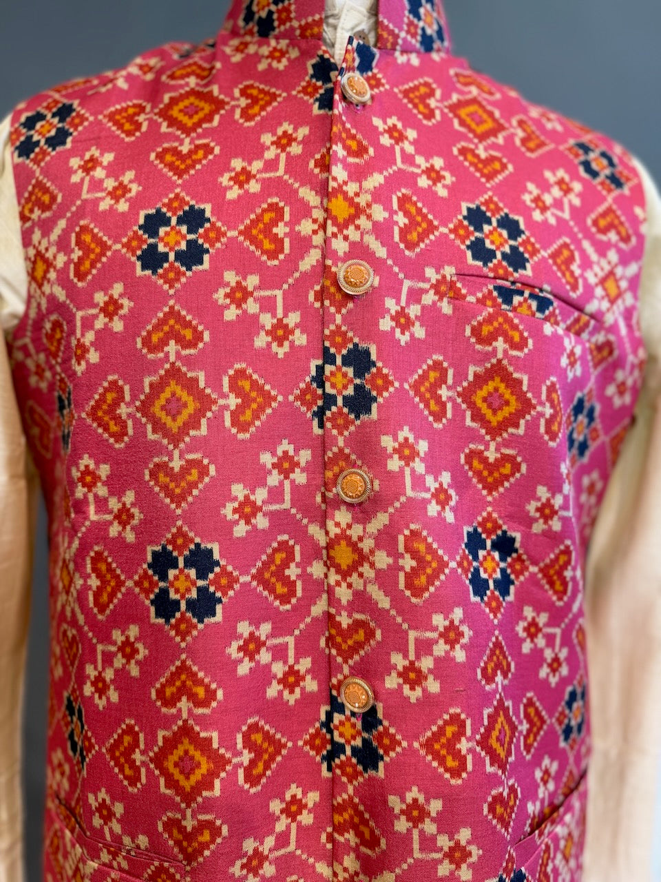 Pink Handloom Cotton Patola Vest