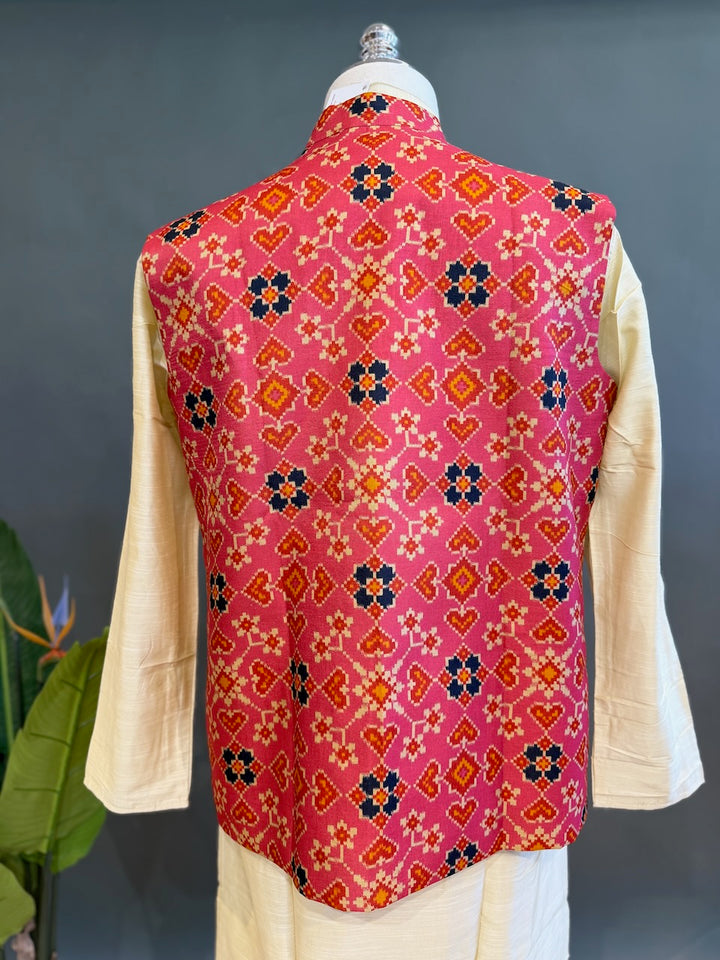 Pink Handloom Cotton Patola Vest