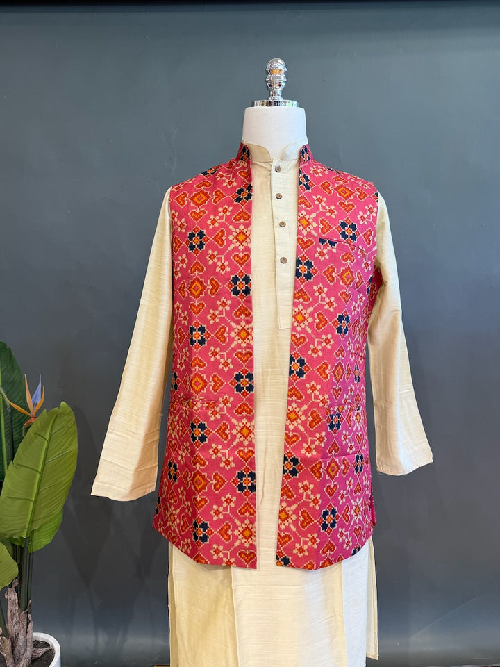 Pink Handloom Long Length Cotton Patola Vest