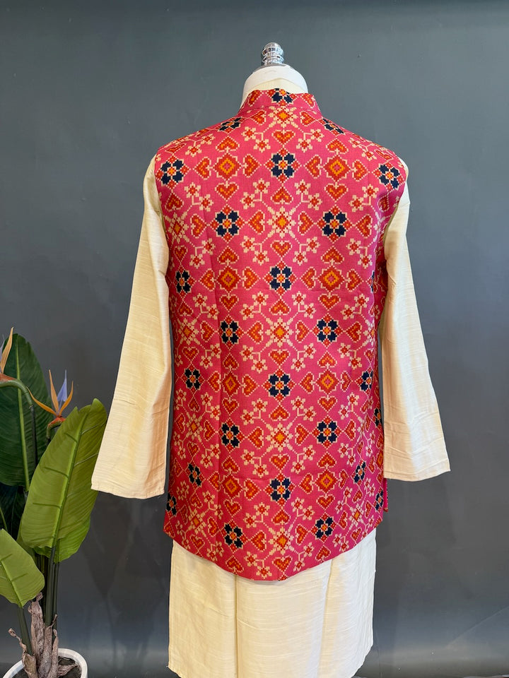 Pink Handloom Long Length Cotton Patola Vest