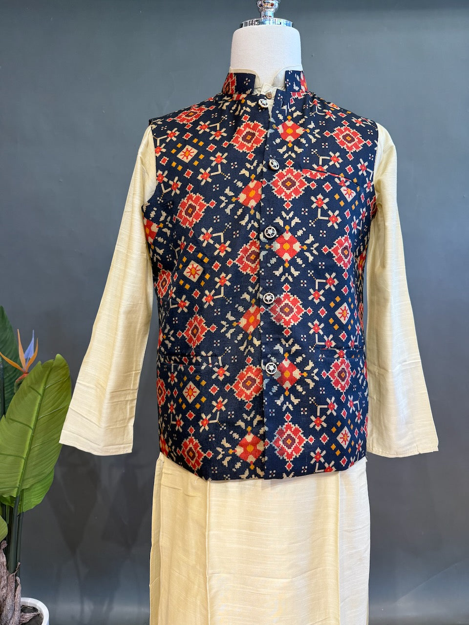 Navy Blue Handloom Cotton Patola Vest