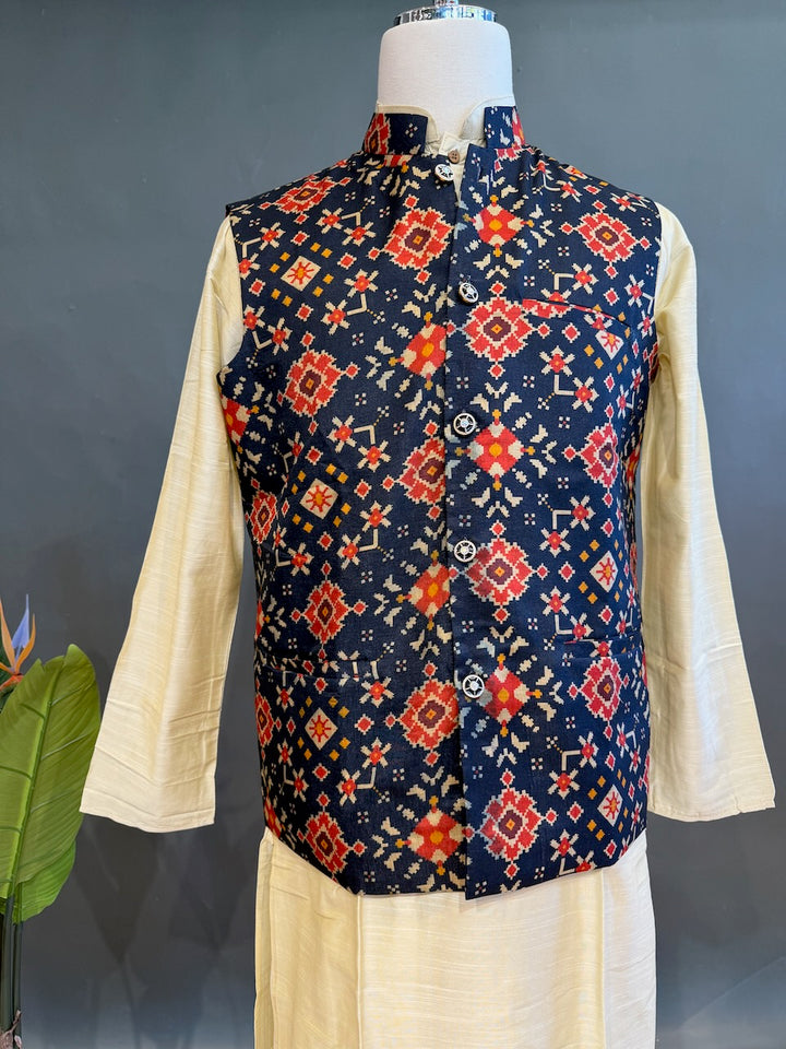 Navy Blue Handloom Cotton Patola Vest