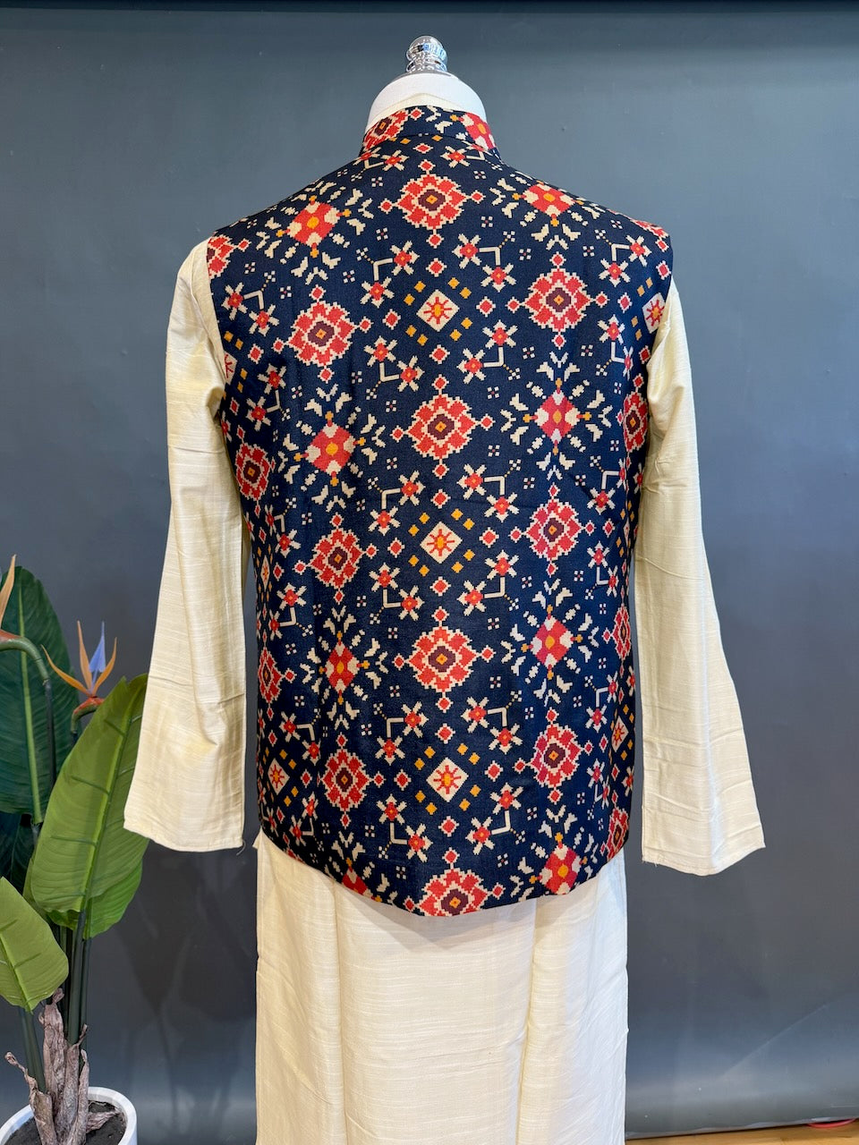 Navy Blue Handloom Cotton Patola Vest
