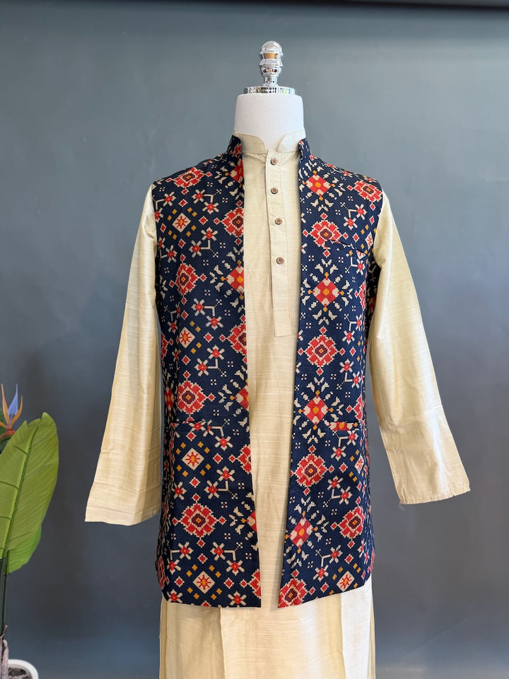 Navy Blue Handloom Long Length Cotton Patola Vest