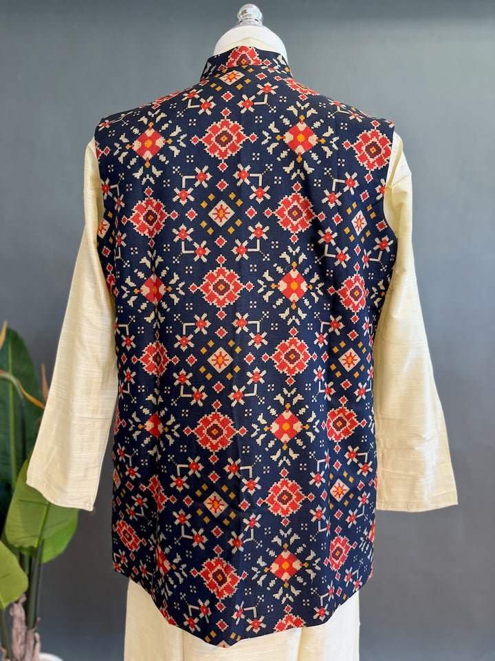 Navy Blue Handloom Long Length Cotton Patola Vest