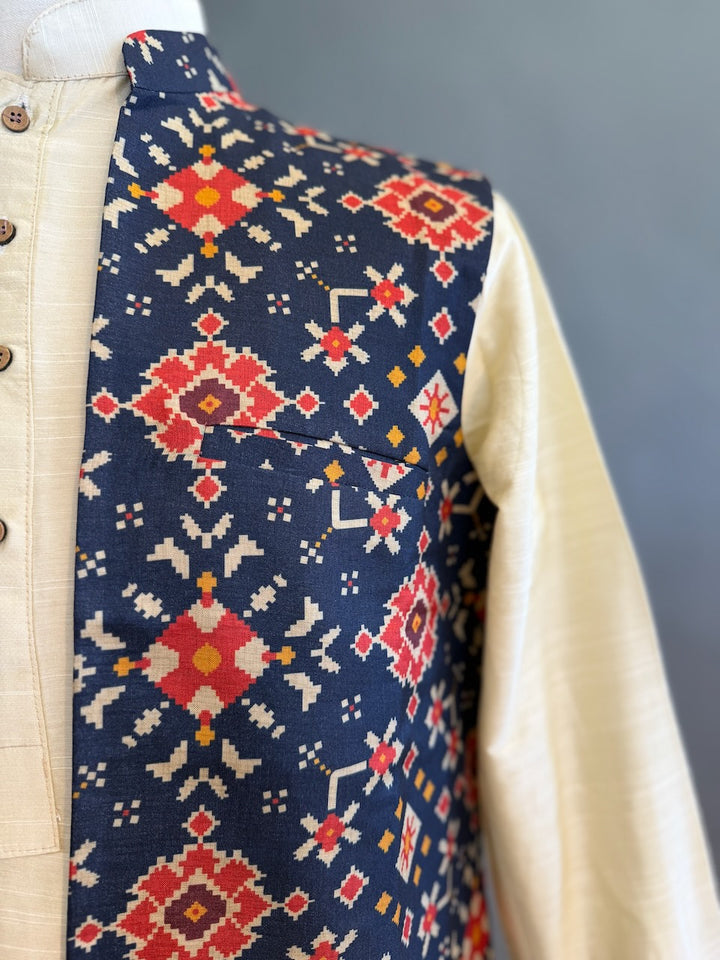 Navy Blue Handloom Long Length Cotton Patola Vest