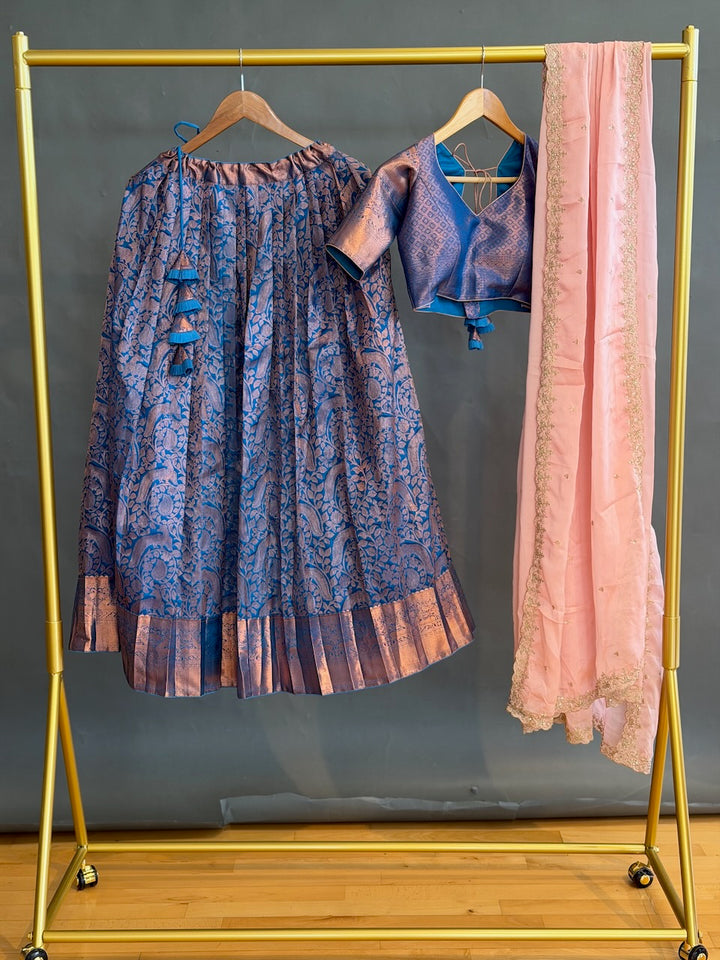 Blue and Pink Kanchi Silk Copper Zari Lehenga set