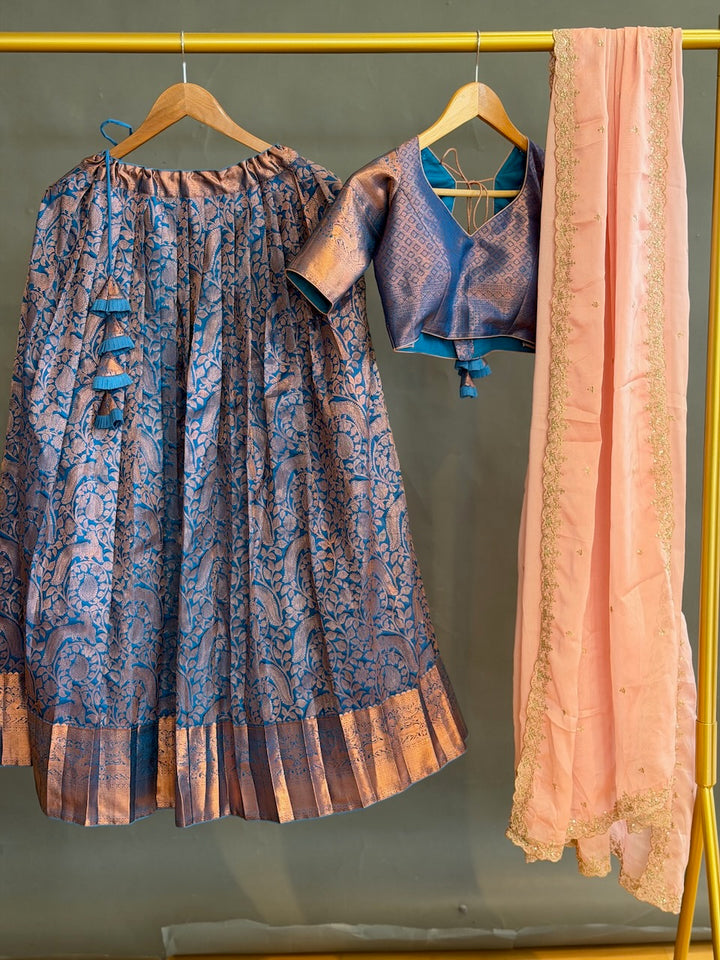 Blue and Pink Kanchi Silk Copper Zari Lehenga set