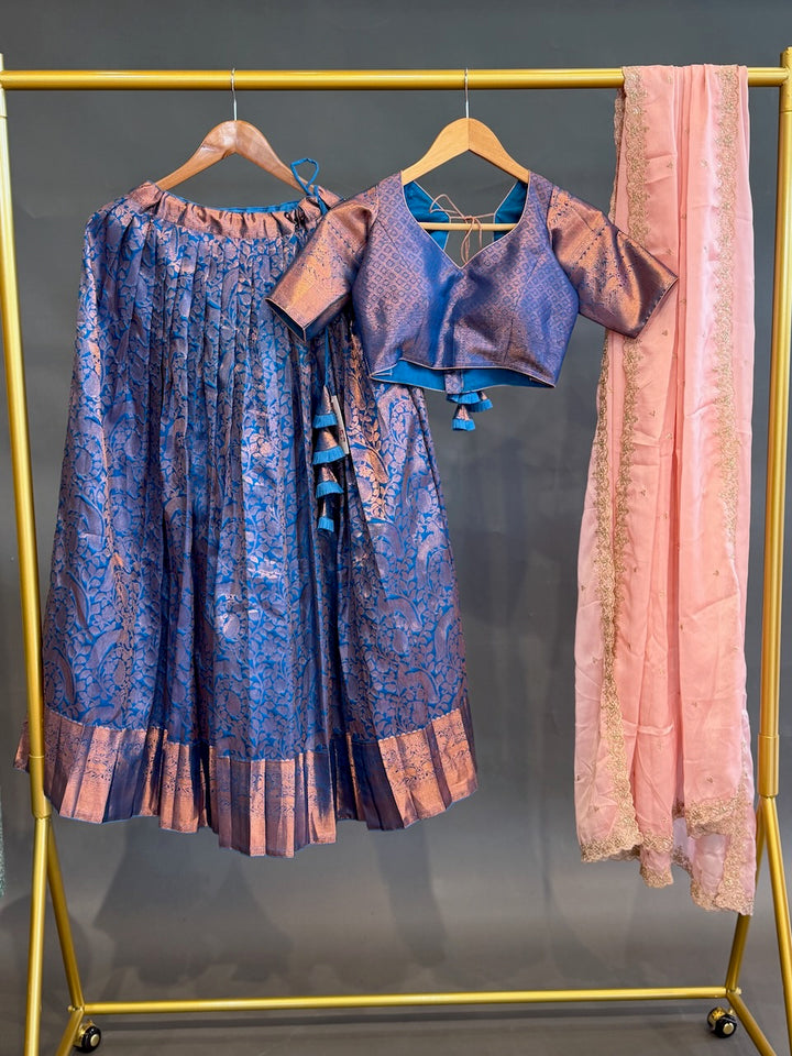 Blue and Pink Kanchi Silk Copper Zari Lehenga set