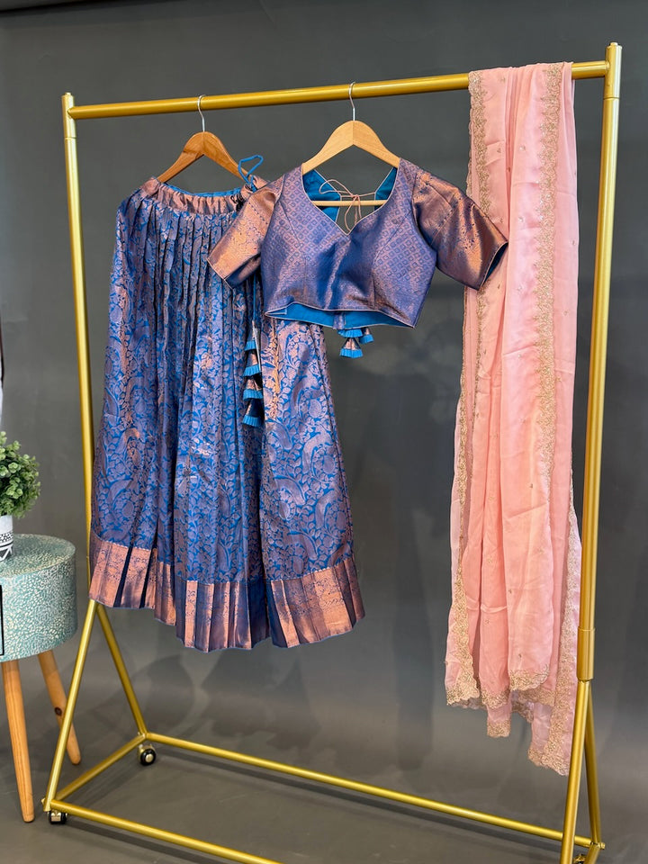 Blue and Pink Kanchi Silk Copper Zari Lehenga set