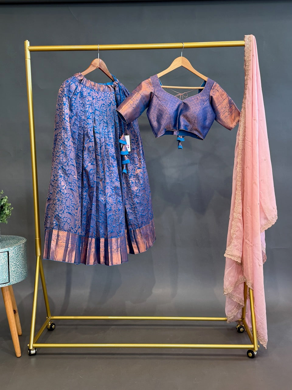 Blue and Pink Kanchi Silk Copper Zari Lehenga set