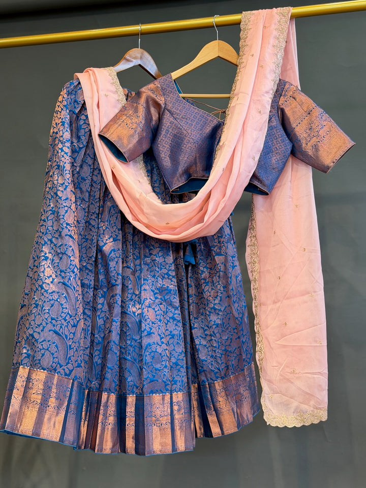 Blue and Pink Kanchi Silk Copper Zari Lehenga set