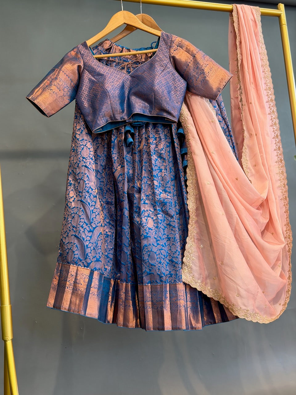 Blue and Pink Kanchi Silk Copper Zari Lehenga set