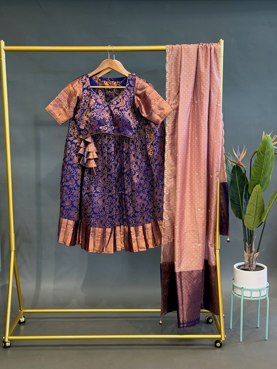 Purple and Pink Kanchi silk Copper Zari Lehenga set