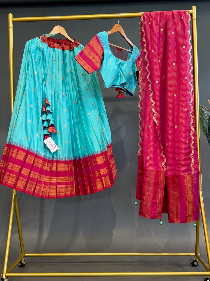 Cyan and Pink Gadwal Handloom-Silk Lehenga