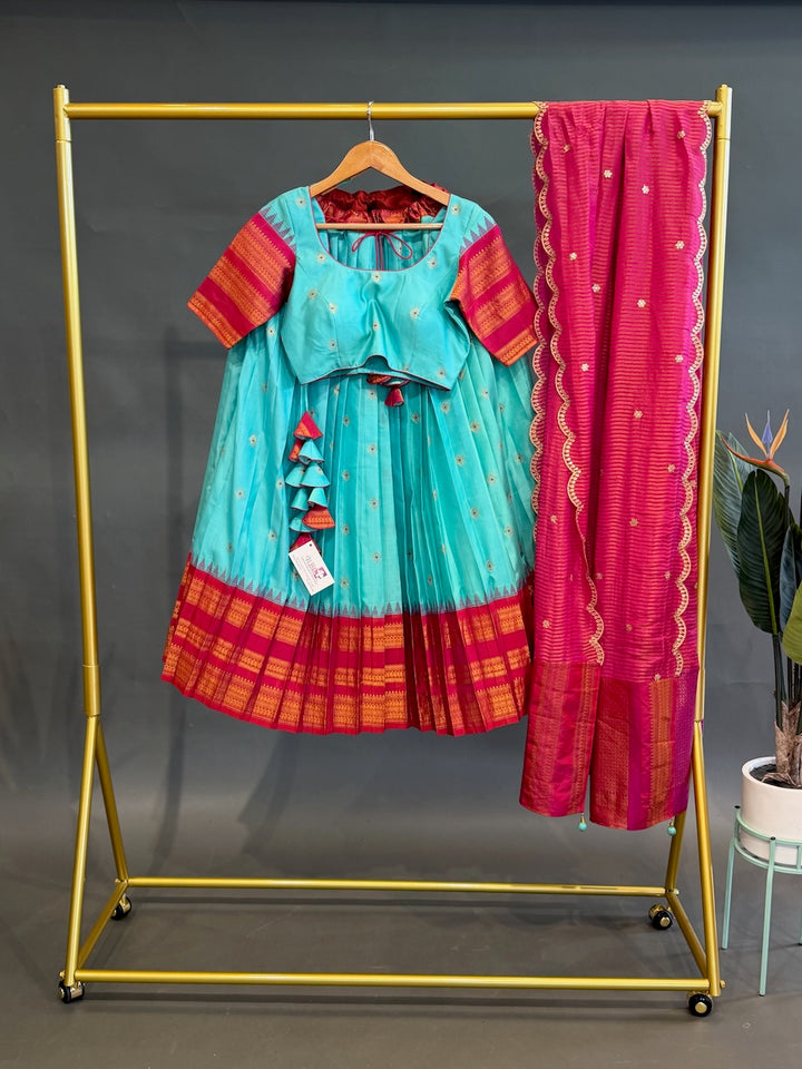 Cyan and Pink Gadwal Handloom-Silk Lehenga