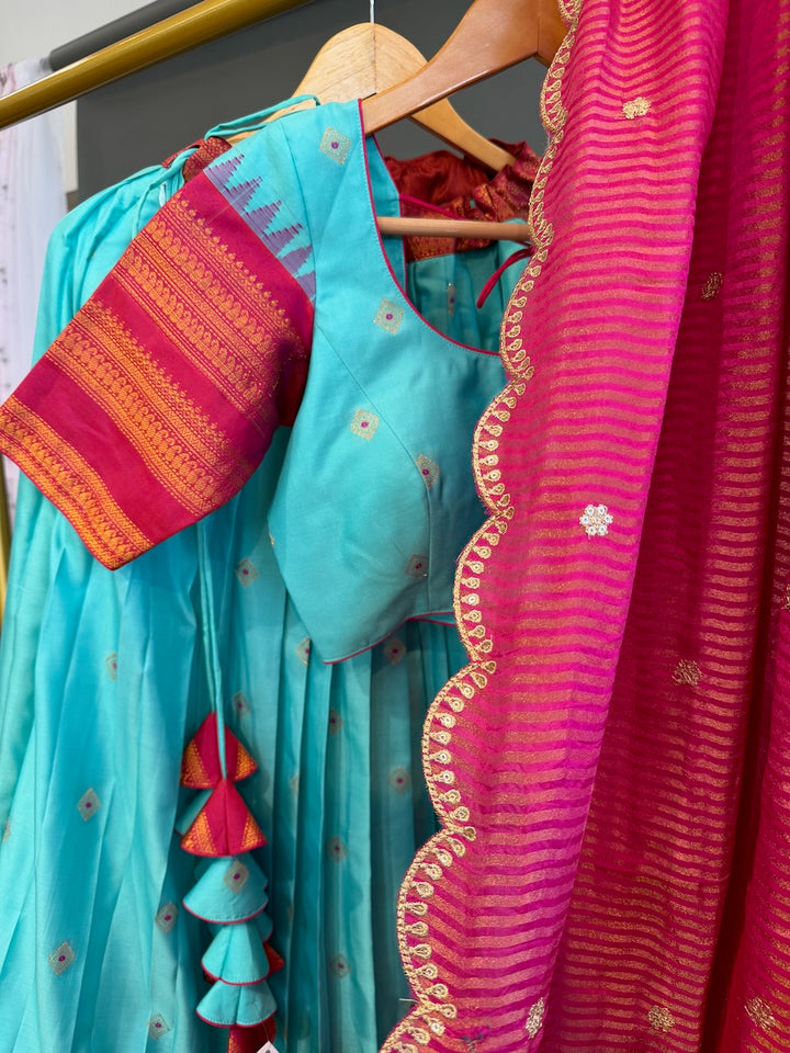 Cyan and Pink Gadwal Handloom-Silk Lehenga