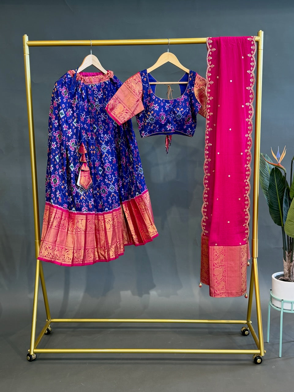 Pink and Navy Blue Patola Silk Lehenga set