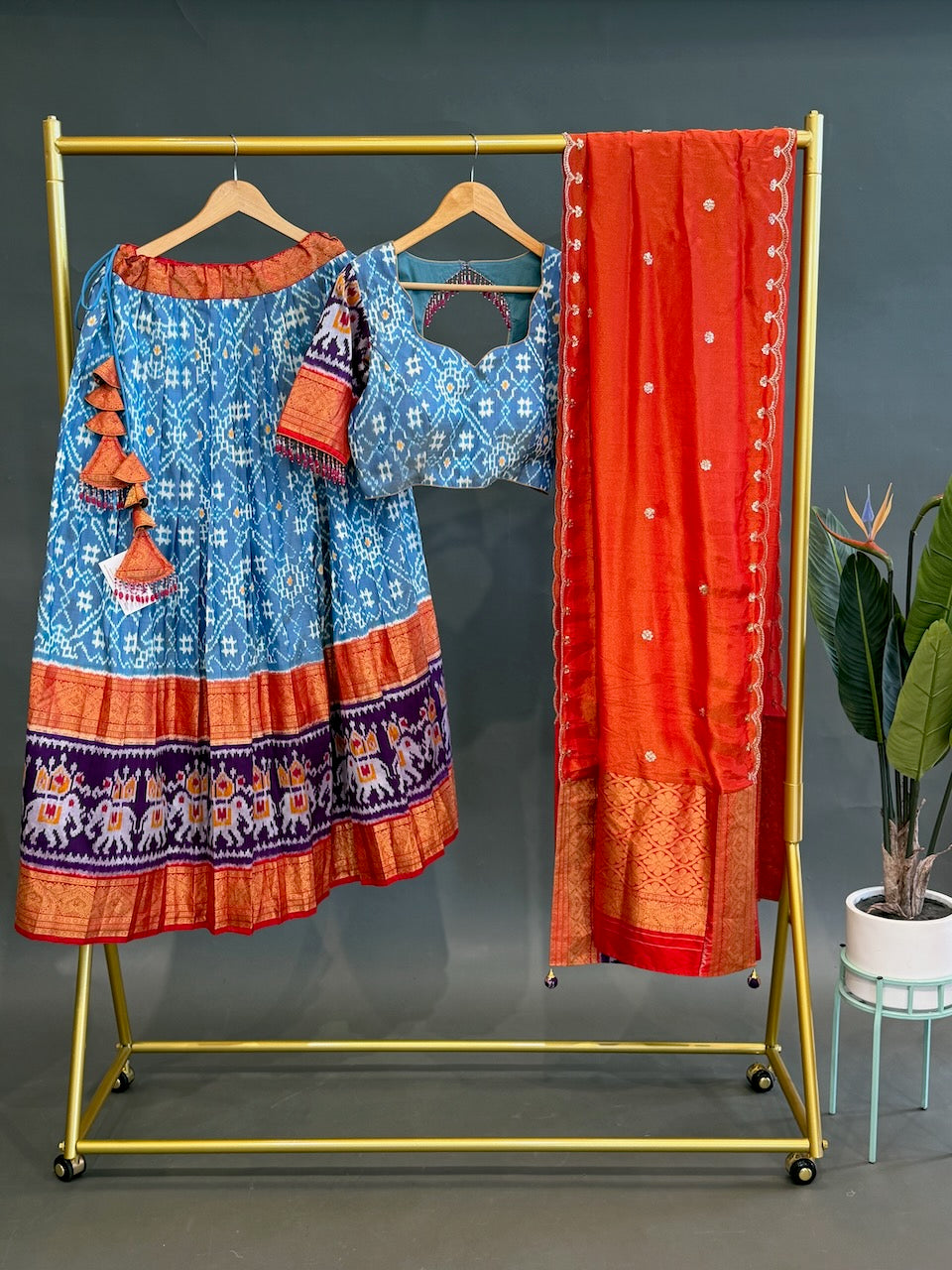 Blue and Orange Patola Silk Lehenga set