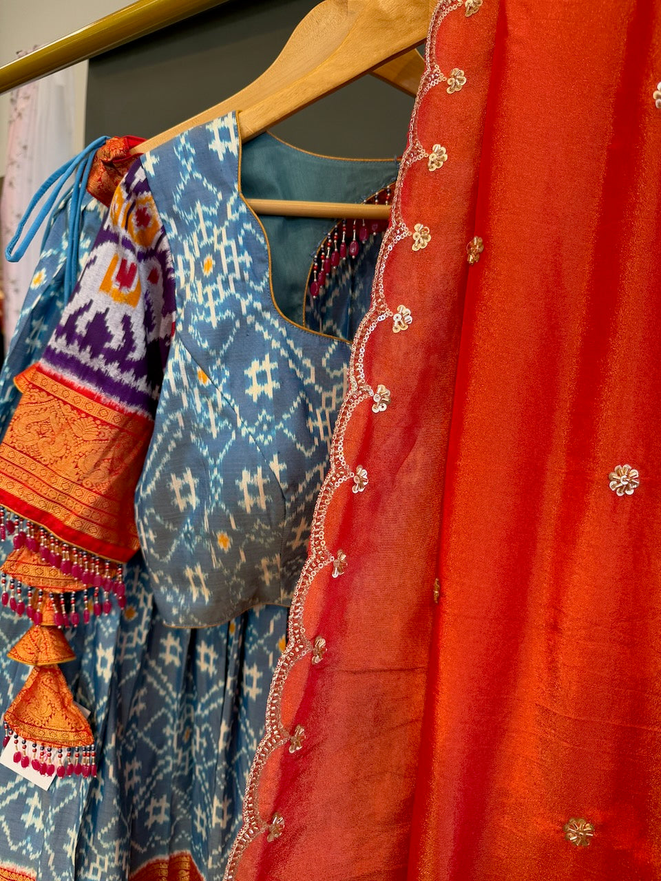 Blue and Orange Patola Silk Lehenga set