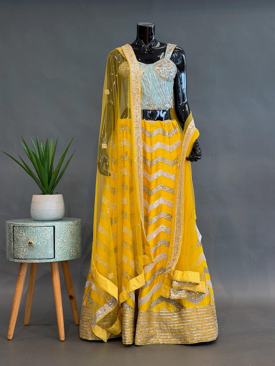 Yellow and Mint Raw-silk embroidered lehenga