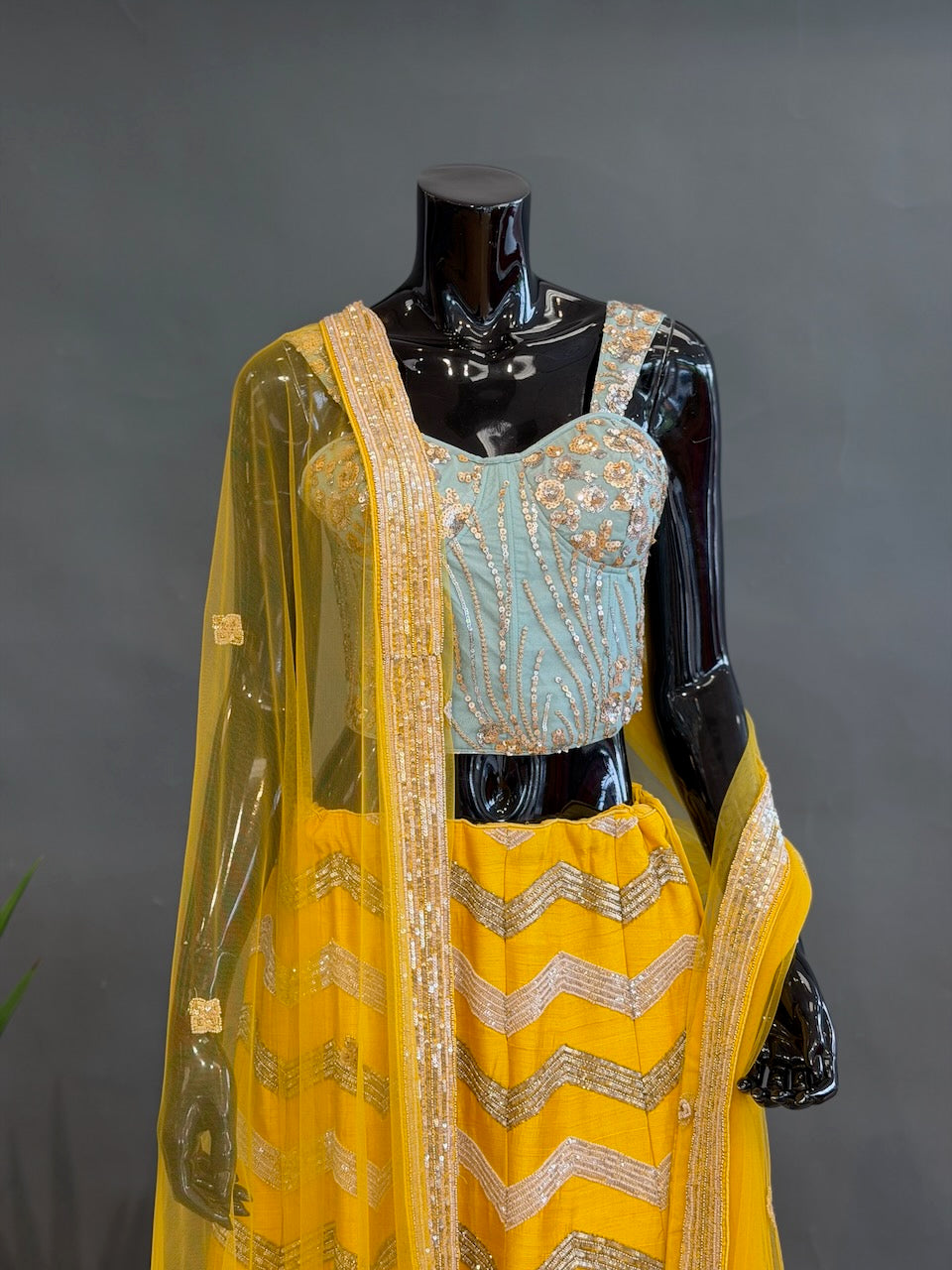 Yellow and Mint Raw-silk embroidered lehenga