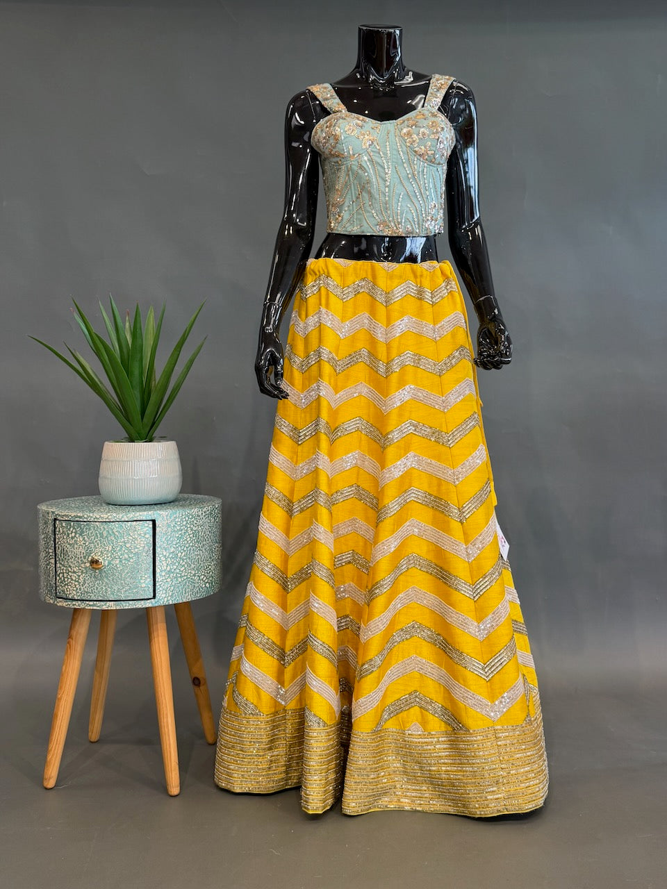 Yellow and Mint Raw-silk embroidered lehenga