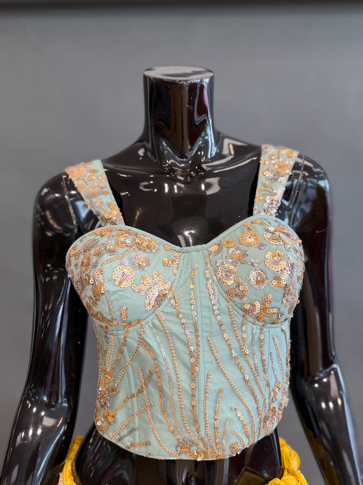 Yellow and Mint Raw-silk embroidered lehenga