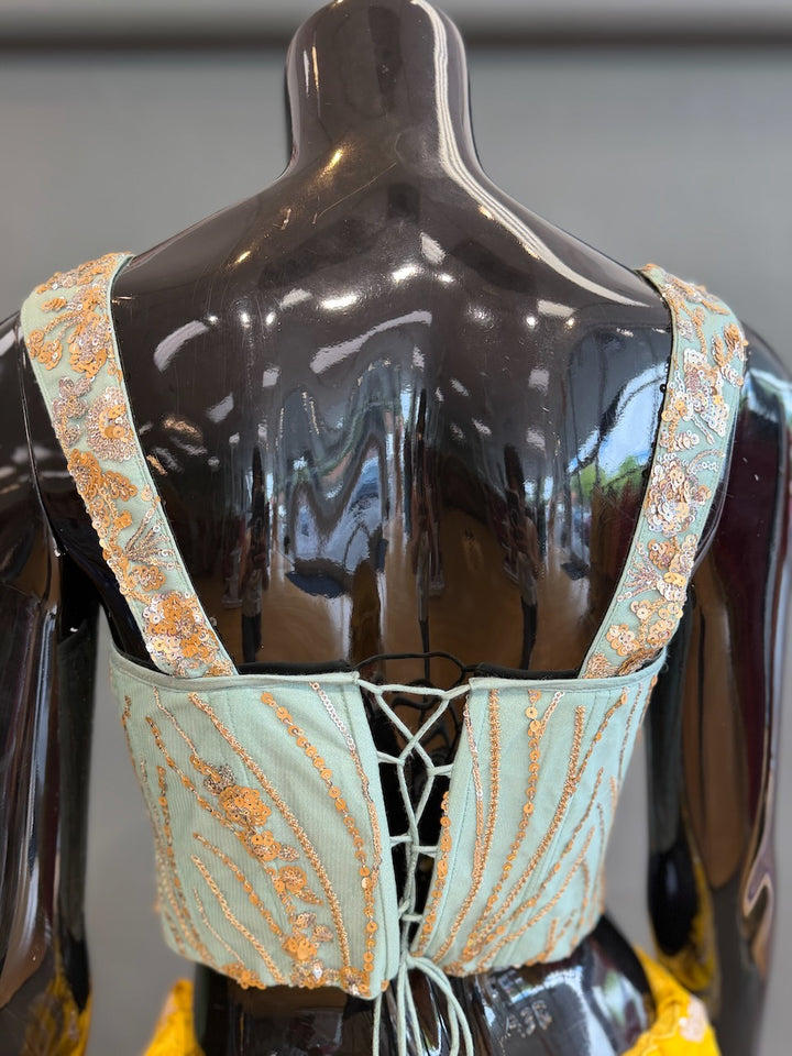 Yellow and Mint Raw-silk embroidered lehenga