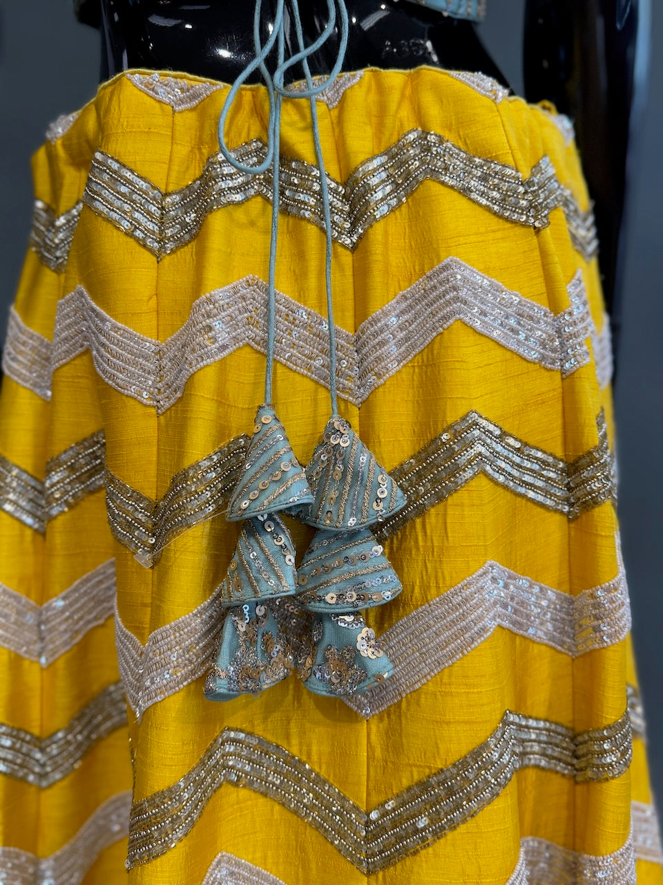 Yellow and Mint Raw-silk embroidered lehenga