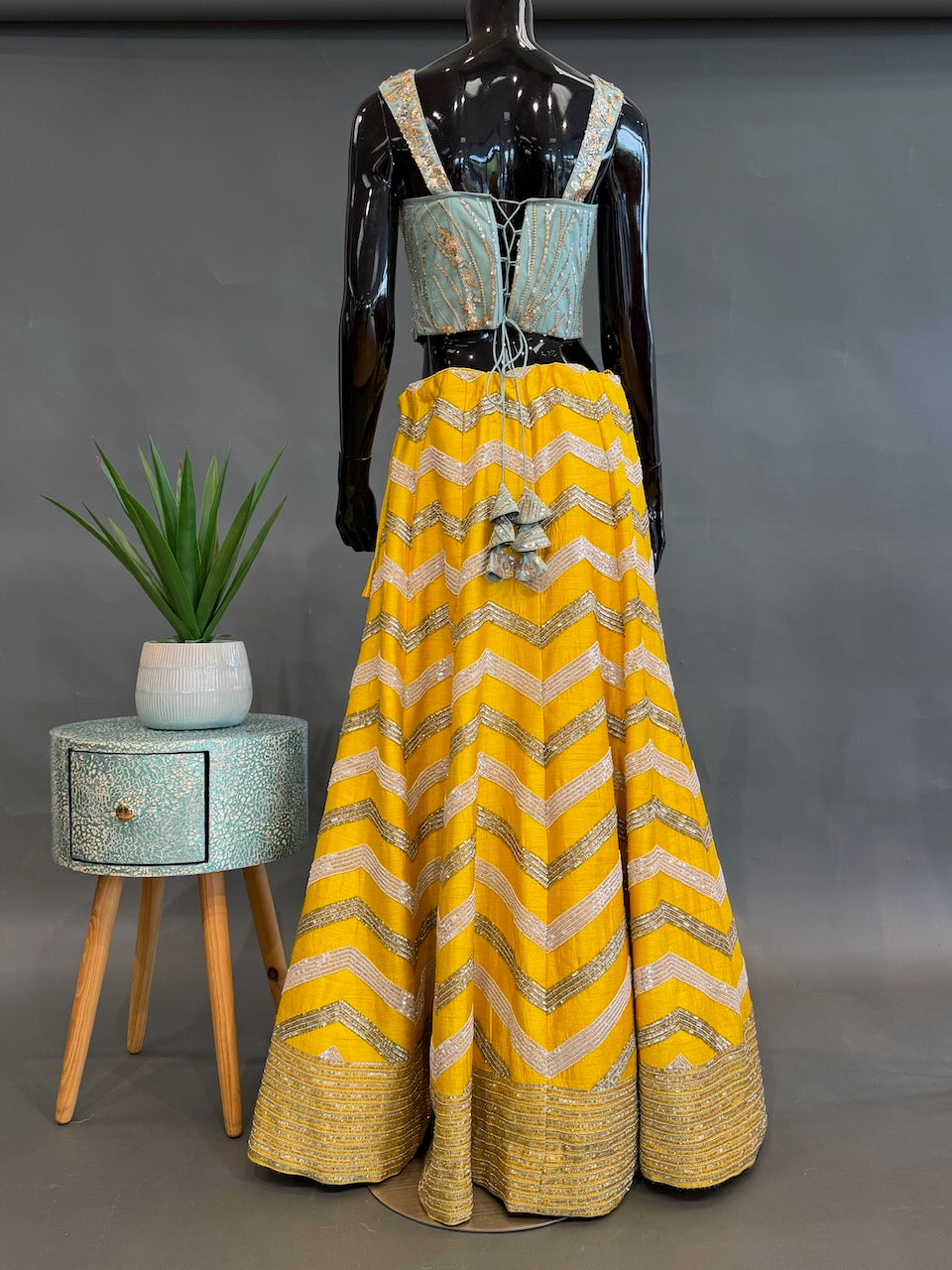 Yellow and Mint Raw-silk embroidered lehenga