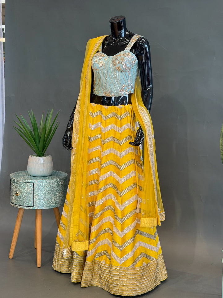 Yellow and Mint Raw-silk embroidered lehenga
