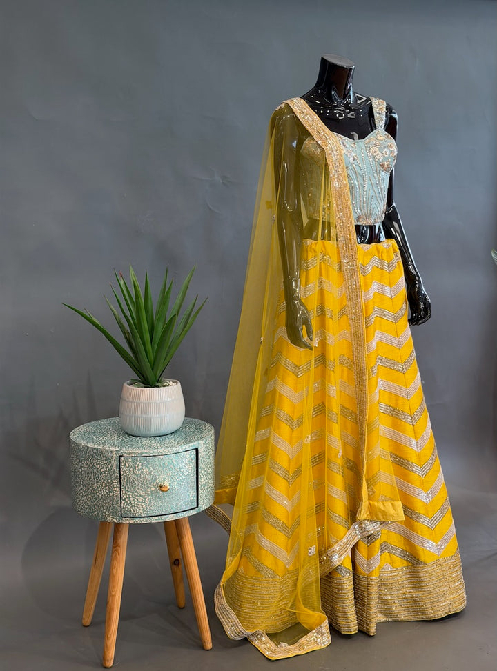 Yellow and Mint Raw-silk embroidered lehenga