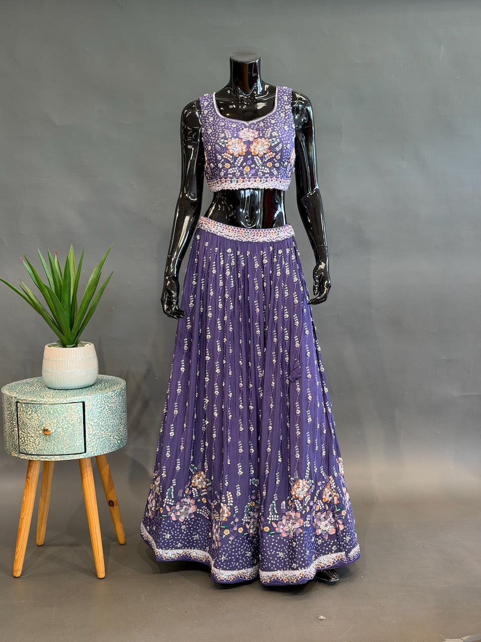 Purple Hand Embroidered Fancy Lenhenga