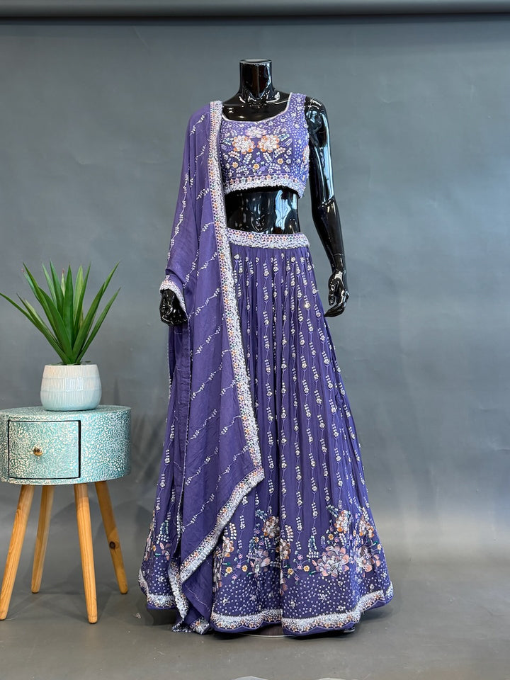 Purple Hand Embroidered Fancy Lenhenga