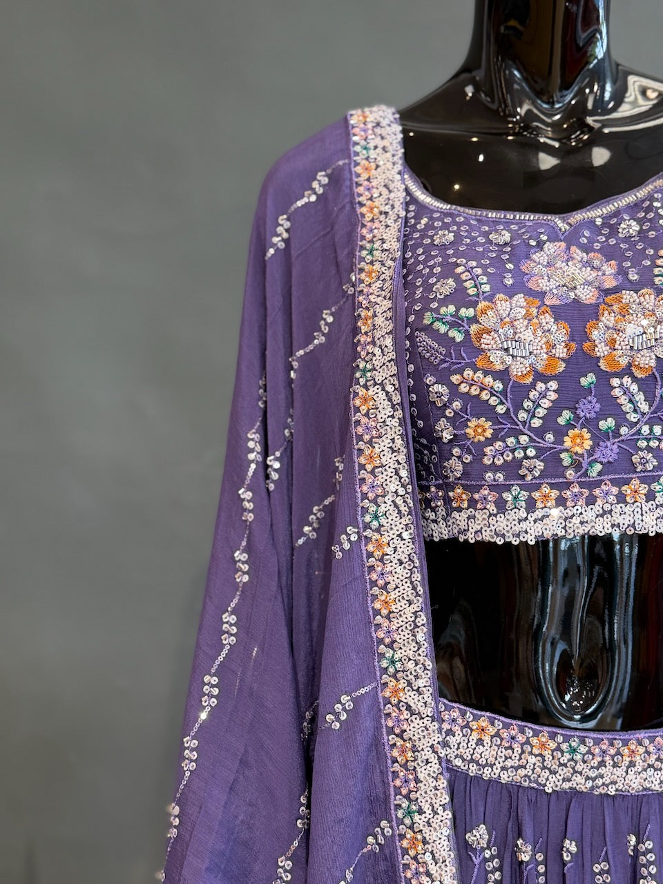 Purple Hand Embroidered Fancy Lenhenga