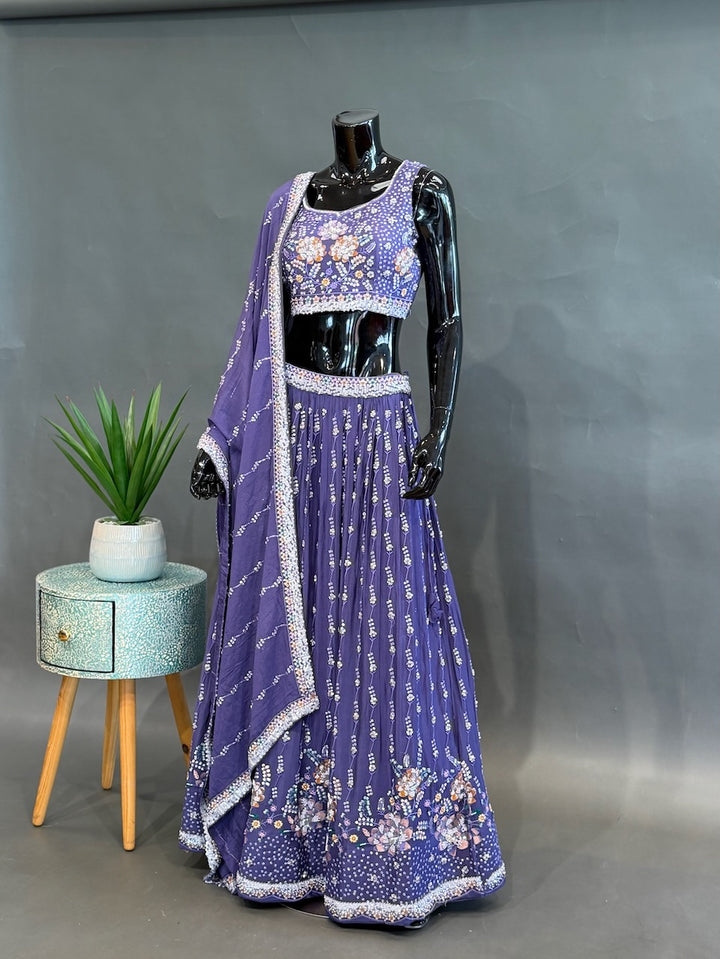 Purple Hand Embroidered Fancy Lenhenga